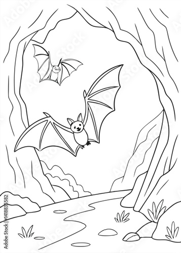 Two Cartoon Bats Flying Over a Creek in a Cave
