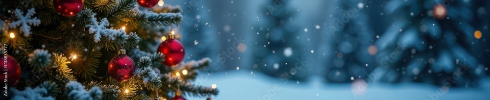 Winter scene of a decorated Christmas tree with ornaments and lights against a snowy background, Christmas Tree, Lights Winter scene of a decorated Christmas tree with ornaments and lights against a snowy background, Christmas Tree, Lights