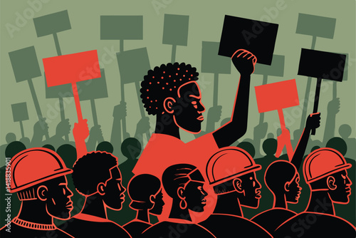 Create a minimalist abstract image depicting a crowd of heads with raised signs, conveying a sense of protest or unified action.  Focus on shapes and color blocking.