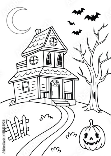 Haunted House Halloween Coloring Page Illustration