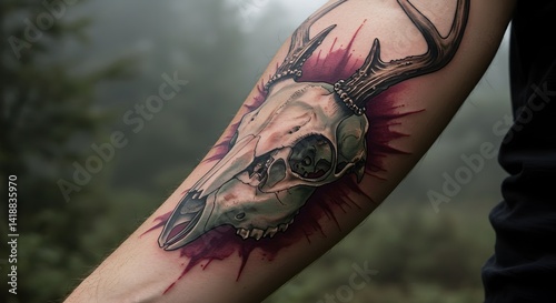 Intricate deer skull tattoo art on forearm with a nature-themed background