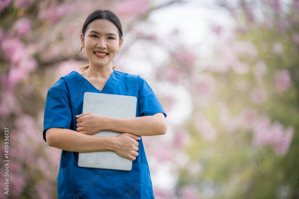 Portrait happy young nurse caregiver or healthcare professional working with laptop is healthy patient and elder care worker person. Portrait happy young nurse caregiver or healthcare professional working with laptop is healthy patient and elder care worker person.