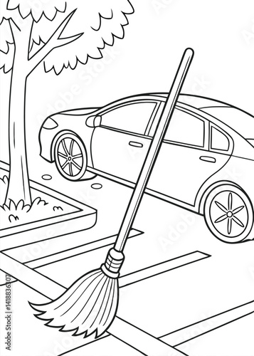Cartoon Broom Sweeping Street Near Parked Car