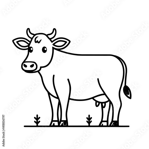 A cute cartoon vector illustration depicts a black and white farm animal cow