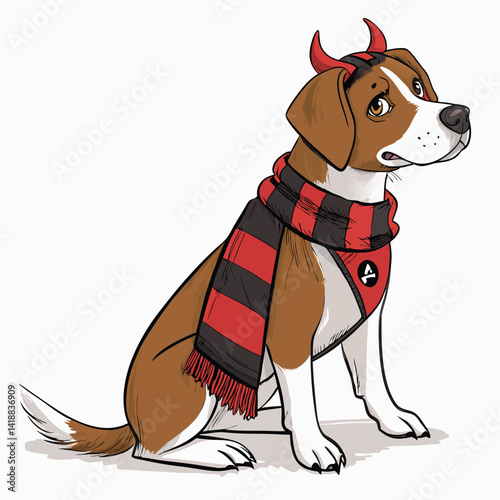 A cute cartoon dog, wearing a team jersey and a striped scarf, enthusiastically cheers on its favorite football team.  The dog is depicted in a playful, vibrant style.