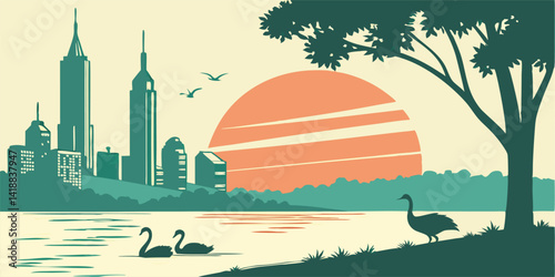 Perth skyline silhouette vector featuring Swan Bells, Elizabeth Quay, Central Park Tower, and Indian Ocean coastline.