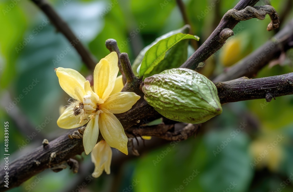 Fototapeta premium Cocoa Tree Blossoms and Young Pod: A Detailed Look at the Growth Process of Cacao