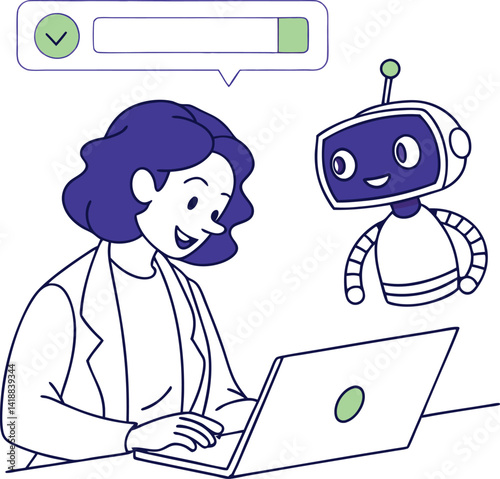 Woman Using Laptop with AI Chatbot Assistant: Cartoon Illustration of Artificial Intelligence and Human Interaction