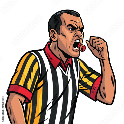 A jovial cartoon soccer referee, sporting a striped shirt, enthusiastically blows a whistle,  a comical expression on his face.  Include a single, clearly visible (1).