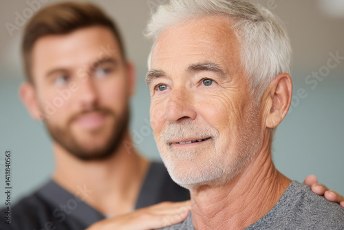 Senior man receiving supportive care from caregiver