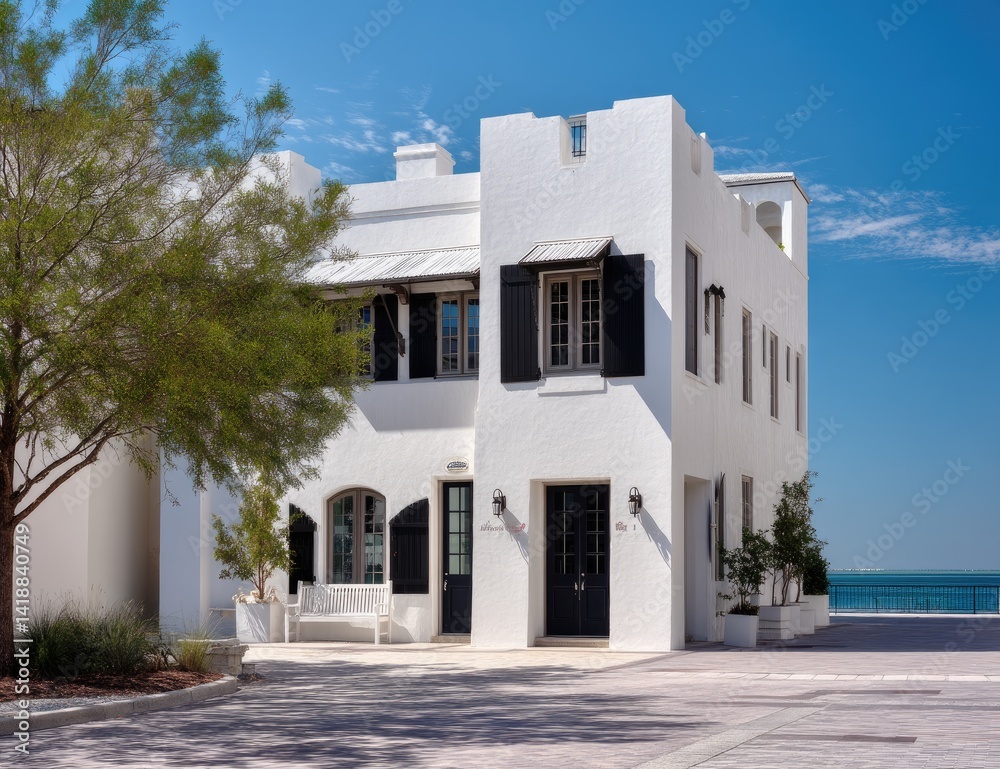 Fototapeta premium Coastal White House with Black Shutters, near Ocean View, under Sunny Sky, with Lush Green Tree