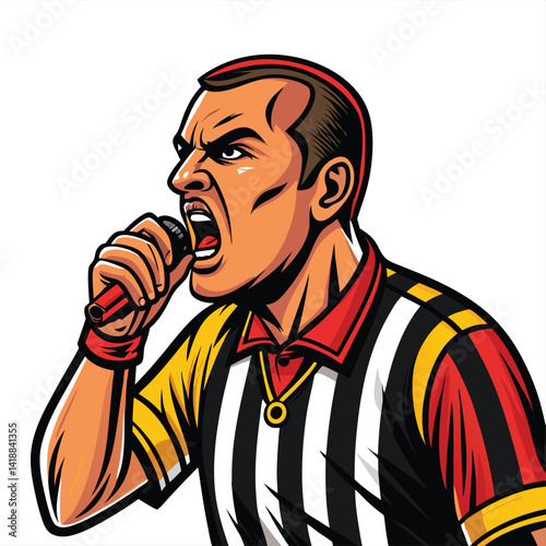 A jovial cartoon soccer referee, rotund and cheerful, enthusiastically blows a whistle, arms outstretched in a dynamic pose.