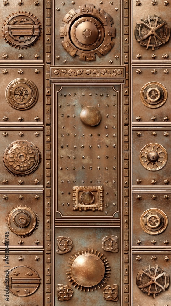 Intricate steampunk metal background features gears, rivets and a transparent element, perfect for adding a retro-futuristic touch to designs. Intricate steampunk metal background features gears, rivets and a transparent element, perfect for adding a retro-futuristic touch to designs.
