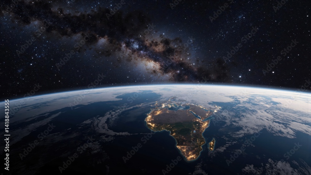 Fototapeta premium Earth at Night: Glowing City Lights & Starry Space Backdrop - Astrophotography (Continental Illumination & Distant Galaxies) 