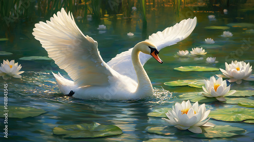 Fototapeta Naklejka Na Ścianę i Meble -  Elegant swan gliding above the water with wings spread, casting a shadow on the blooming water lilies 
