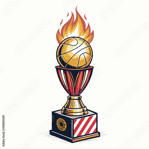 A meticulously detailed rendering of a classic football trophy, featuring a gleaming golden football atop a sculpted base, engulfed in stylized flames.