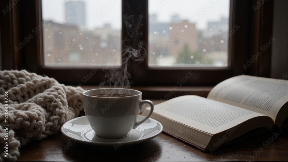 Rainy Day Coffee Moment: Steaming Cup & Rain-Streaked Window - Cozy Relaxation Photography (Wool Blanket & Open Book) Rainy Day Coffee Moment: Steaming Cup & Rain-Streaked Window - Cozy Relaxation Photography (Wool Blanket & Open Book)