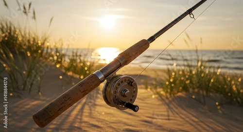 Close-up of fishing rod on a sandy shore during a golden sunset hour