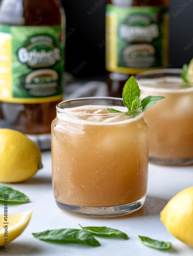 Refreshing Ginger Beer Cocktail with Lemon and Basil Garnish on White Surface Refreshing Ginger Beer Cocktail with Lemon and Basil Garnish on White Surface