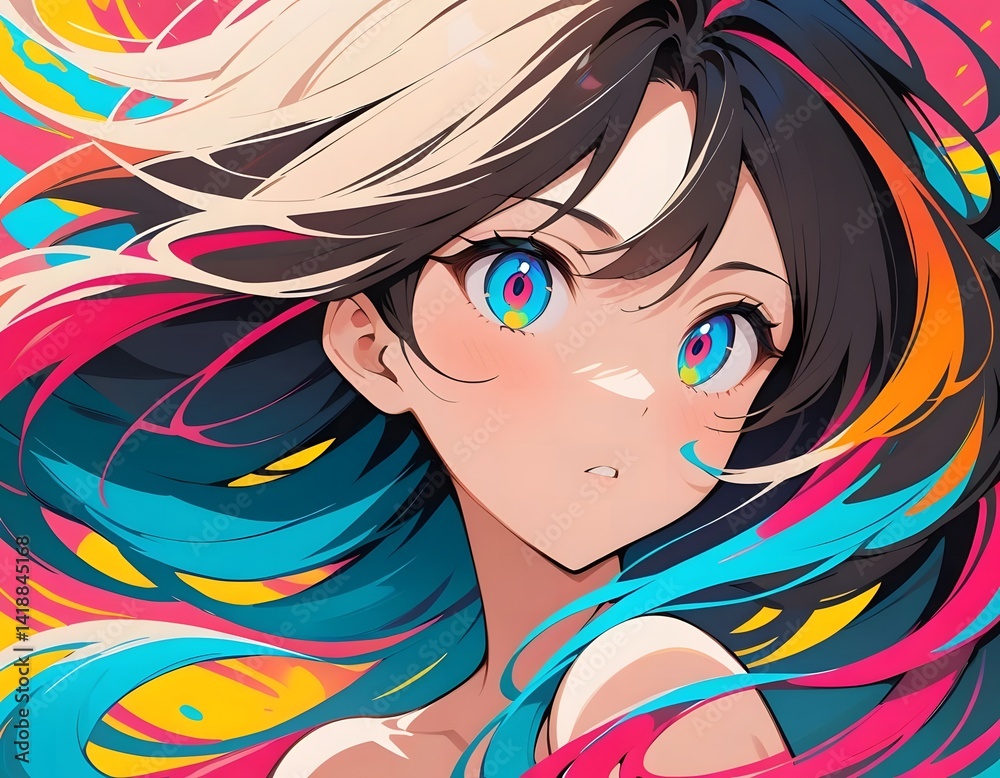 Beautiful anime girl in abstract painting with splash color art Beautiful anime girl in abstract painting with splash color art