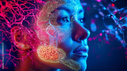 Obraz na płótnie A surreal journey through the mind is captured in vibrant colors. The image combines neural connections and abstract forms. Explore the depth of thought. Generative AI w salonie
