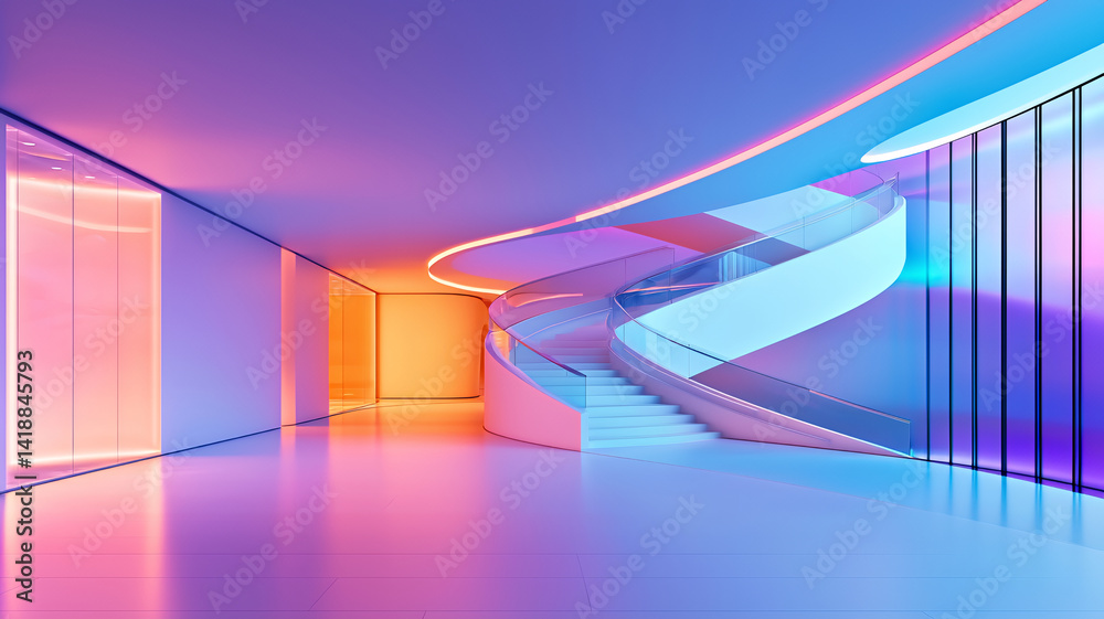 Obraz premium modern interior featuring spiral staircase illuminated by vibrant neon lights, creating futuristic atmosphere