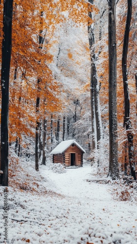 Obraz na płótnie A serene cabin nestled in a snowy forest. The vibrant autumn leaves contrast against the winter landscape. Perfect for nature lovers and cozy retreats. Generative AI w salonie