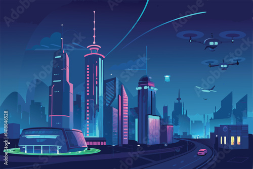 Generate a vibrant cyberpunk cityscape; towering neon buildings, intricate holographic advertisements, and sleek drones navigating congested airspace.