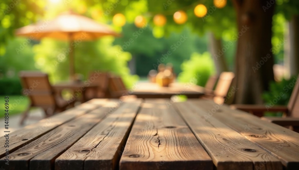 Rustic wooden table, blurred summer party scene, picnic, light