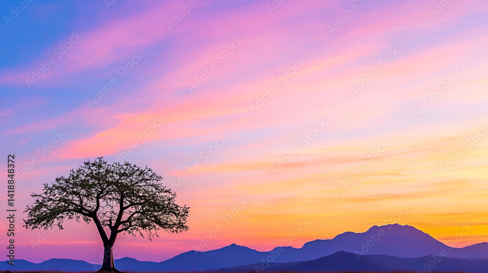 Obraz premium solitary tree stands against vibrant sunset sky, showcasing hues of pink, orange, and purple, with mountains in background