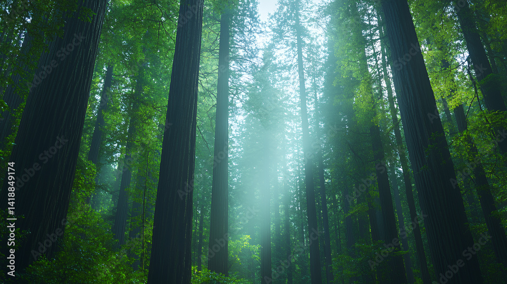 Fototapeta premium serene forest scene with tall trees, sunlight filtering through mist, creating tranquil atmosphere