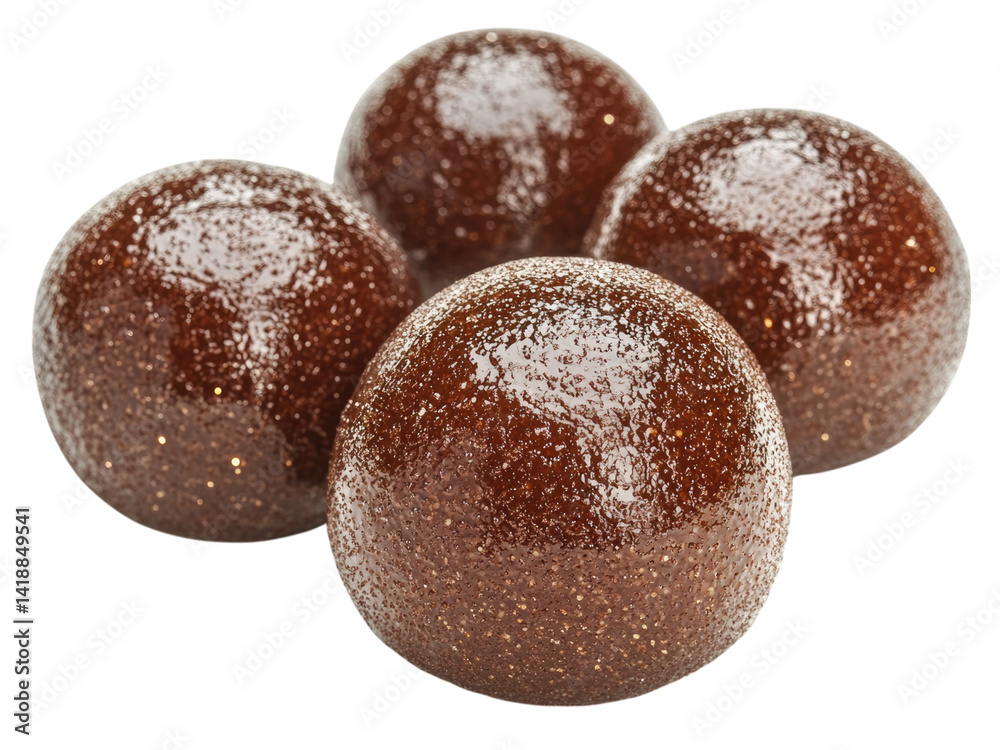 Closeup of Four Shiny Brown Chocolate Balls with Golden Glitter, Sweet Treats, Gourmet Confectionery Closeup of Four Shiny Brown Chocolate Balls with Golden Glitter, Sweet Treats, Gourmet Confectionery