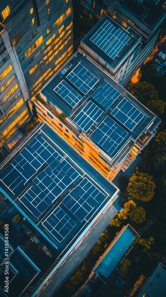 Aerial view of city buildings showcasing solar panels. Emphasizing sustainability and renewable energy in urban environments. Bright colors illuminate the rooftops. Generative AI