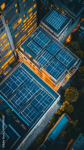 Obraz na płótnie Aerial view of city buildings showcasing solar panels. Emphasizing sustainability and renewable energy in urban environments. Bright colors illuminate the rooftops. Generative AI w salonie