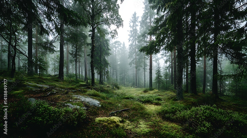 Obraz premium Misty forest floor bathed in soft light
