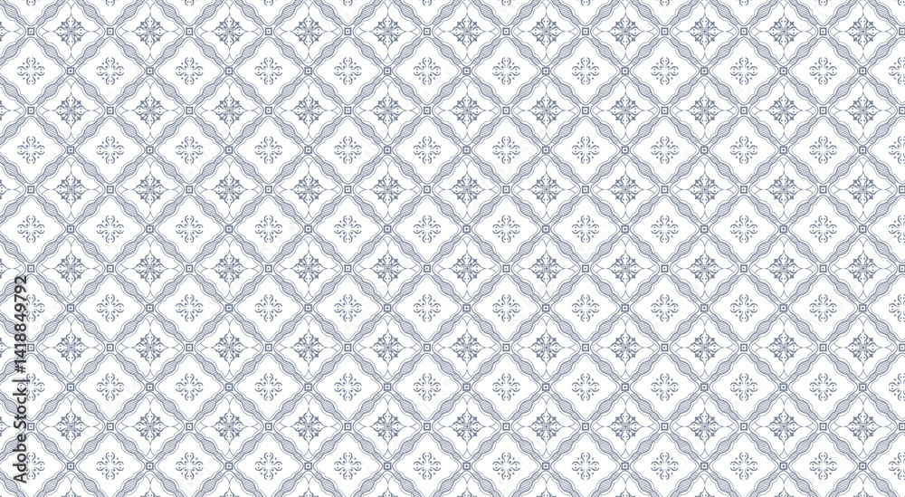Repeating floral motif forming a diamond lattice on white background, ideal for elegant textile or wallpaper design Repeating floral motif forming a diamond lattice on white background, ideal for elegant textile or wallpaper design