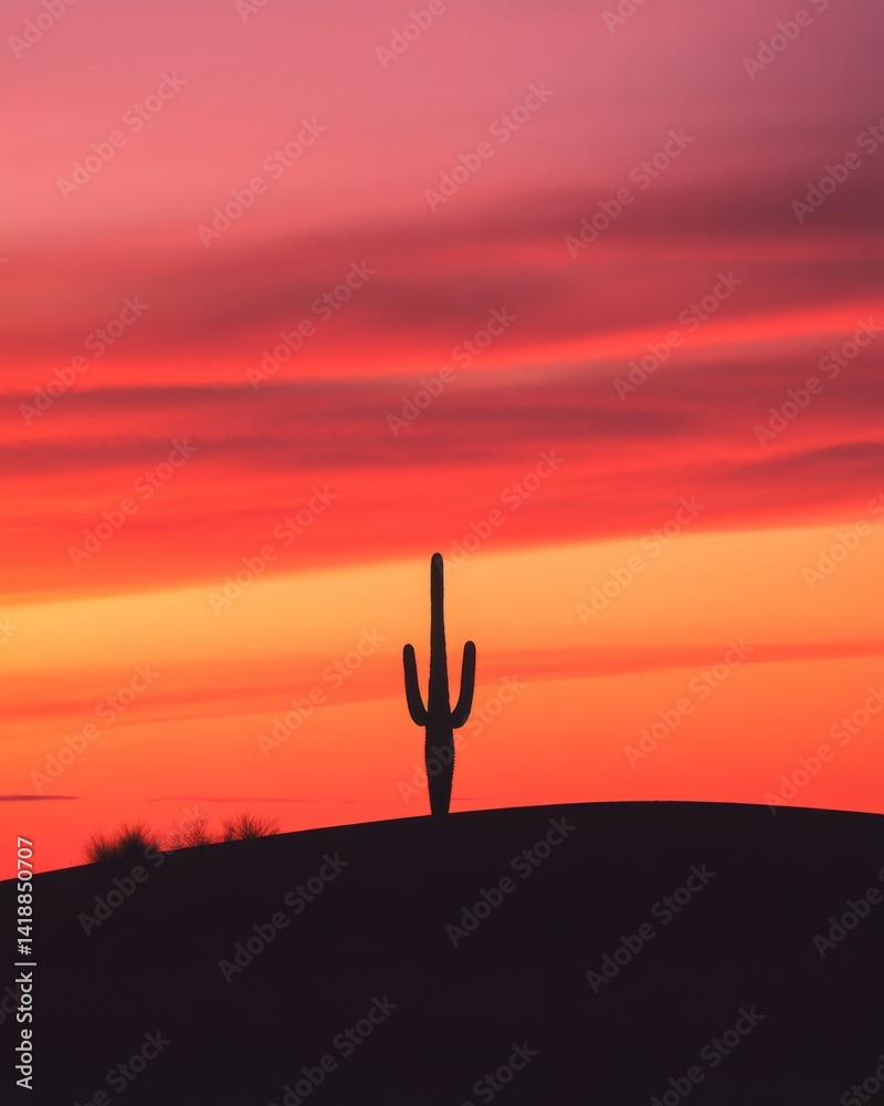 A stunning cactus stands silhouetted against a vibrant sunset sky. The colors blend beautifully creating a serene atmosphere. Nature showcases its artistry. Generative AI