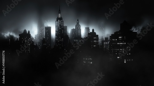 Foggy night cityscape, illuminated skyscrapers, dramatic lighting, background use