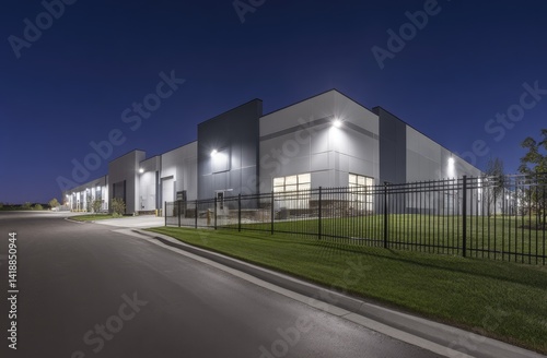 Wallpaper Mural Modern Industrial Building Design: Night View of Secure Facility with Metal Fence, Efficient Lighting, and Spacious Parking Area. Torontodigital.ca