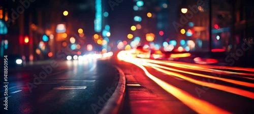 Downtown city area with car blur fast lights trail effect. Generative video AI technology.
