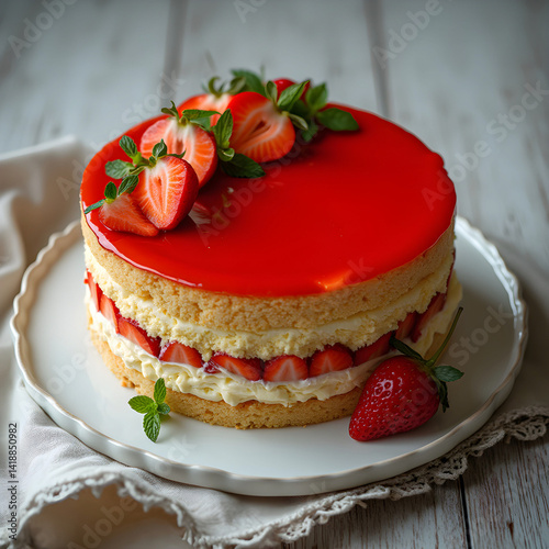 Strawberry Fraisier Cake on White Wooden Background – Elegant French Dessert with Fresh Berries