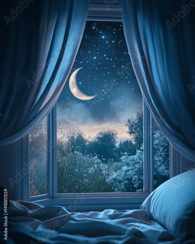 Obraz na płótnie A serene night view from a cozy bedroom window. The moon hangs high with stars twinkling softly. A tranquil atmosphere perfect for dreaming. Generative AI w salonie