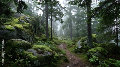 Misty forest path winding through mossy rocks photo