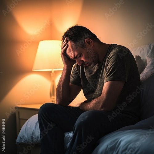 A tired middle-aged man sits on the edge of his bed, his head in his hands, looking defeated, depressed.