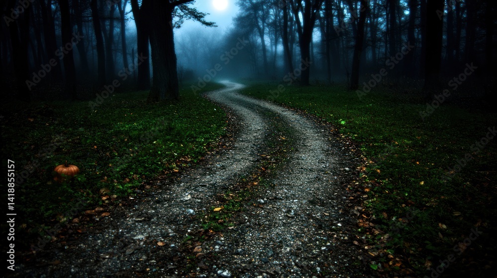 Fototapeta premium Winding path through misty forest at dusk