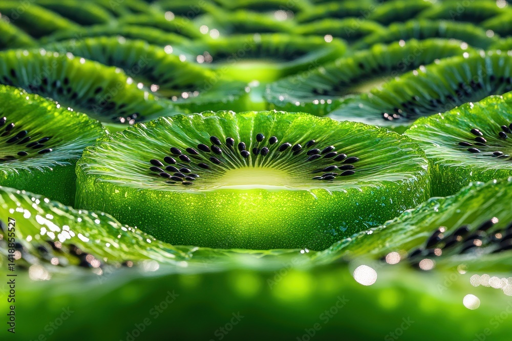 Vibrant Kiwi Slices: A Close-Up Macro Photography of Juicy, Green Kiwi Fruit Slices, Showcasing their Texture and Freshness