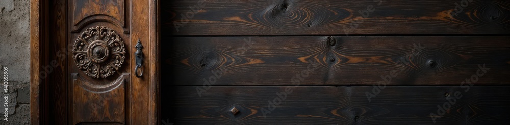 Rustic wooden door with intricate carvings on dark wood background, wooden door, decorative Rustic wooden door with intricate carvings on dark wood background, wooden door, decorative