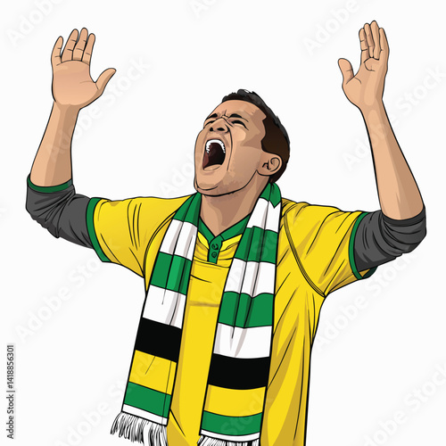 A passionate football fan, Han, screams with his mouth wide open, showcasing intense excitement during a match.  Close-up shot emphasizing facial expression.