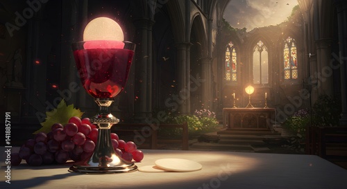 Sacred communion chalice with wine and host in a historic cathedral backdrop