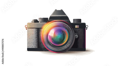 A digital illustration depicting the front of a vintage-style 35mm camera. The camera body is painted in muted grey and black tones, contrasted by a highly saturated iridescent lens flare.